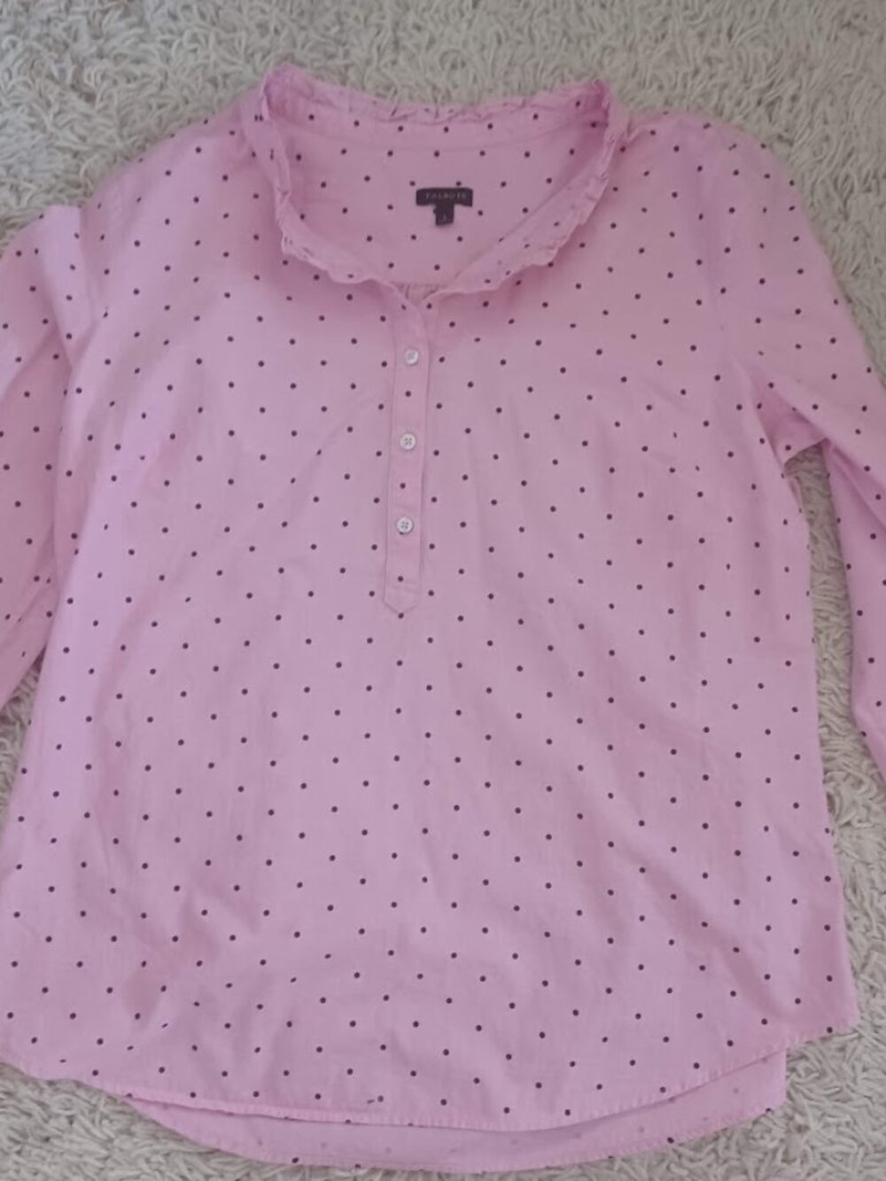 Talbots Pink Black Polka Dot Cotton Popover Blouse Ruffle Neck Large